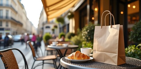 Blank Brown Kraft Paper Shopping Bag Mockup on Outdoor Cafe Table with Croissant