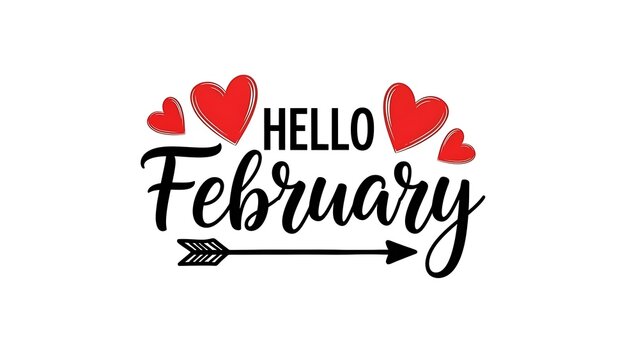 Hello february greeting card with hearts and arrow design