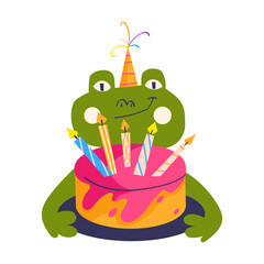 Cute birthday frog character wearing party hat and holding festive cake with candles. Fun vector illustration for kids birthday cards, invitations, posters, stickers, party decorations