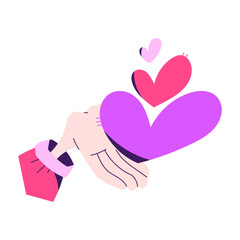 Romantic vector illustration of a hand holding colorful hearts. Cute love concept for Valentine's Day cards, invitations, posters, social media and romantic designs on white background