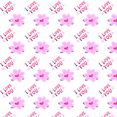 Seamless vector pattern with cute pink flowers and handwritten I love you text on white background. Romantic design for Valentine cards, gift wrap, stationery, textiles and love themed projects
