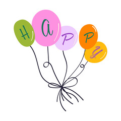 Vector illustration of balloons forming the word Happy. Cute festive design for birthday cards, party invitations, posters, social media posts and celebration decorations on white background
