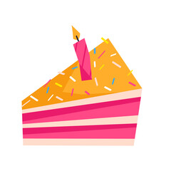 Slice of birthday cake with candle and sprinkles. Cute vector illustration for birthday cards, invitations, party posters, stickers, kids designs and celebration graphics on white background