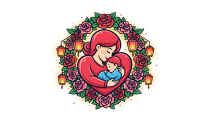 Fototapeta premium Loving mother holding baby in heart surrounded by roses and lanterns
