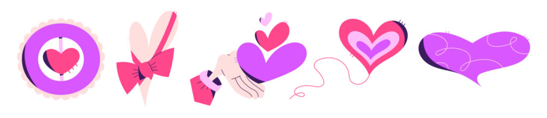 Vector set of romantic heart elements including hand holding heart, layered hearts, bow and decorative love shapes for Valentine designs, greeting cards, invitations and wedding graphics