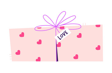 Vector illustration of a romantic gift box wrapped with ribbon and hearts. Cute Valentine's Day design for greeting cards, invitations, love letters, banners and holiday graphics