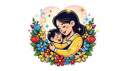 Naklejka premium Loving mother embracing her happy little child surrounded by vibrant flowers