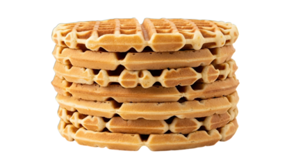 A tall stack of golden brown, freshly baked waffles with a classic grid pattern, isolated on a clean white background.
