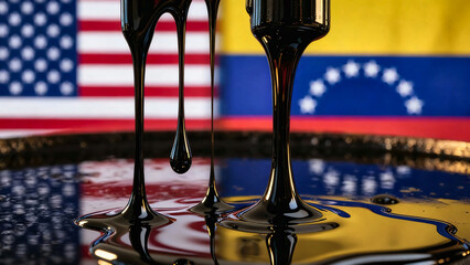 Crude oil flowing with two flags in the background. Illustrates the interconnectedness of energy and nations