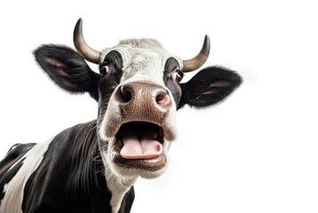 Surprised cow with open mouth tongue and bulging eyes showing surreal silliness on white
