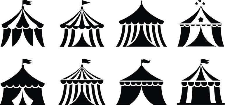 Circus tent silhouette set with carnival marquee shapes festival big top black shadow entertainment vector illustration collection