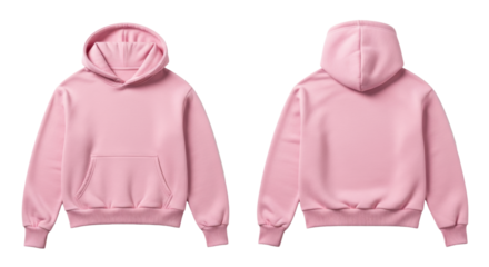 two blank pastel pink women's cotton fleece pullover hoodie sweatshirts (front and back views) flat lay against a transparent studio background, ultra realistic. concept for apparel branding mockup