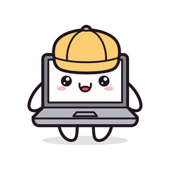 Laptop Character Illustration with Yellow Hard Hat