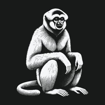 Monochrome illustration of a white-handed gibbon sitting attentively.