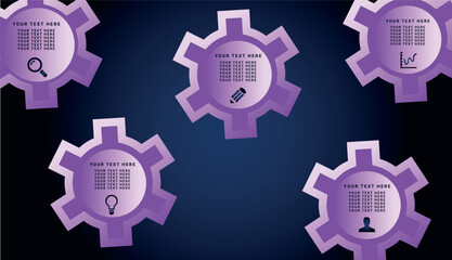 Gradient infographic background with repeating gear elements and editable text areas.