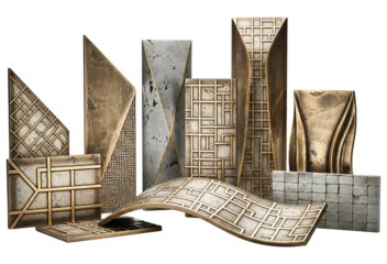 Set of decorative geometric wall panels with metallic texture on a transparent background