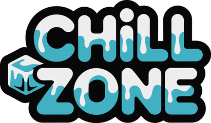 Chill zone cool typography sticker with ice cubes and blue frosty text vector illustration