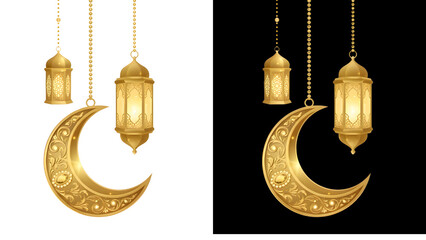 A golden crescent moon adorned with intricate patterns and a decorative lantern hanging below it. The lantern has a cylindrical shape with ornate carvings and is illuminated from within