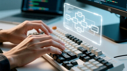 Hands on keyboard interacting with glowing digital flowchart Illustrates software development, data analysis, and process optimization in a modern technology workspace environment