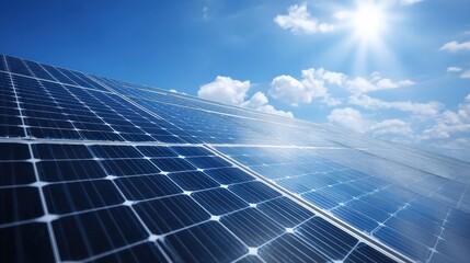 A solar panel array reflecting sunlight under a clear blue sky, showcasing renewable energy technology and sustainable practices.