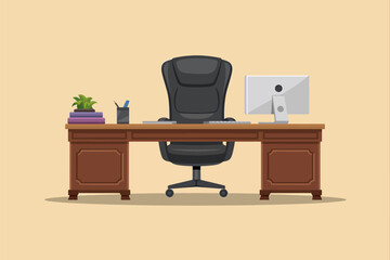 Empty executive desk setup features a black rolling office chair positioned before a large wooden workstation.