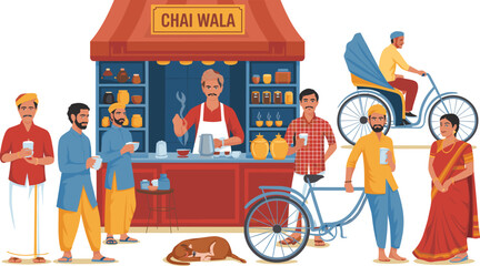 Indian street chai wala tea stall illustration showing local people drinking tea daily life culture tradition and urban roadside scene © Shirina