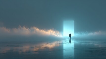 Minimal human figure surrounded by translucent icy blue light, glacier inspired atmosphere, soft fog, clean futuristic aesthetic, calm emotion