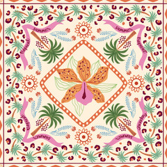 Fototapeta premium Tropical tile, scarf, square seamless pattern with jungle leaves, palm tree, tropical flower orchid, stripes, geometric elements, summer vacation print. Vector background, Hawaii beach textile design.