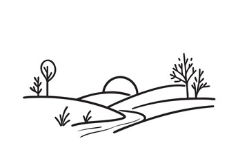 Abstract primitive landscape, vector background, minimalism, line drawing