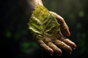 Human hand gently holding a fresh green leaf covered in translucent water drops