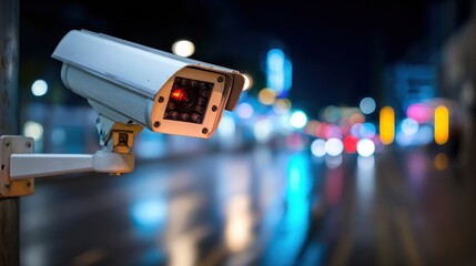 A security camera monitors a brightly lit street at night, capturing the vibrant city lights and blurred movement in the background.