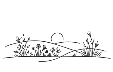 Abstract primitive landscape, fields and grasses, minimalism, line