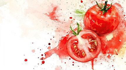 A watercolor-style digital illustration featuring ripe tomatoes and a cross-section of a tomato