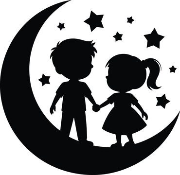 Romantic children silhouettes holding hands on crescent moon with stars, dreamy love and friendship childhood night illustration