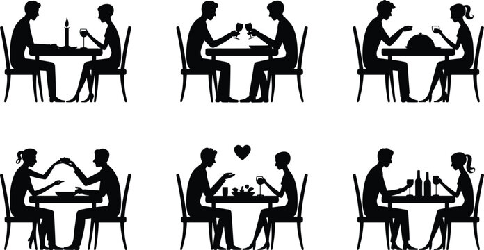 Romantic couple dinner silhouette collection showing man and woman dining, wine toasting, candlelight date scenes for Valentine romance design