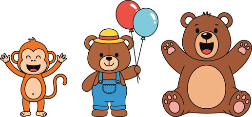 Cute cartoon bear and monkey characters with balloons, happy kids party animals illustration, playful nursery design, colorful flat vector art © Asha Creatives