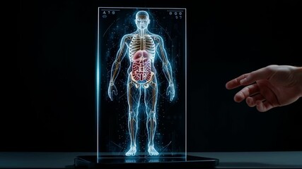 A hand is touching a 3D model of a human body. Concept of wonder and fascination with the intricacies of the human anatomy - Powered by Adobe