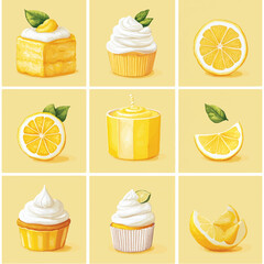 set of cakes. A set of vector illustrations featuring pastries, cakes, pastries, and cupcakes. Desserts in yellow. Lemon pastries.