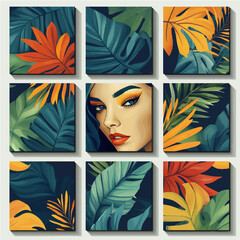 A set of summer illustrations in a tropical style. A girl on vacation wearing glasses. Blue and yellow background.