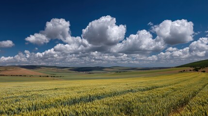 A scenic landscape featuring golden fields under a bright blue sky adorned with fluffy white clouds, showcasing the beauty of nature.