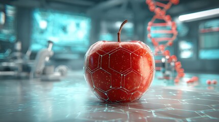 A futuristic apple model with a hexagonal design, set in a scientific lab environment, symbolizing the intersection of nature and technology.