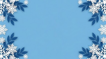 Beautiful winter background with snowflakes and leaves on blue background