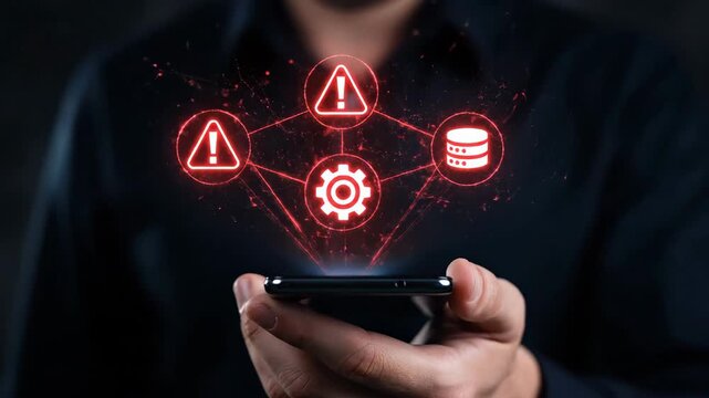 Man holding smartphone displays red glowing futuristic icons for alerts system management and data