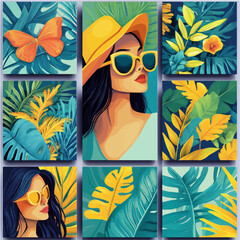 A set of summer illustrations in a tropical style. A girl on vacation wearing glasses. Blue and yellow background.