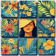 Tropical set for summer design. Girl in a hat. Sunny jungle.