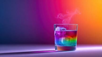 Colorful cocktail in a glass with ice cubes, surrounded by vibrant gradient background, showcasing refreshing drink with steam rising, perfect for summer gatherings and celebrations