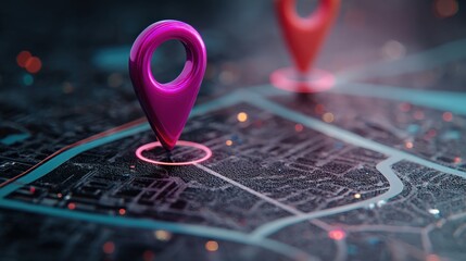 Digital map featuring vibrant location pins, highlighting navigation and geographical points of interest in a modern urban setting.