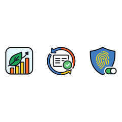 ESG, Compliance and Privacy Icons Set &ndash; Sustainable Growth, Policy Approval and Biometric Security