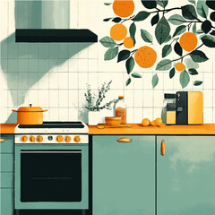 modern kitchen interior. A vector illustration depicting a green kitchen with an orange countertop. The wall near the forge is painted with a tree and oranges. Design, interior