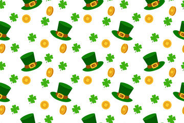 Seamless vector pattern featuring leprechaun hats, gold coins, and four leaf clovers, perfect for St Patrick&rsquo;s Day designs, festive backgrounds, wrapping paper, textiles, and holiday themed decor.